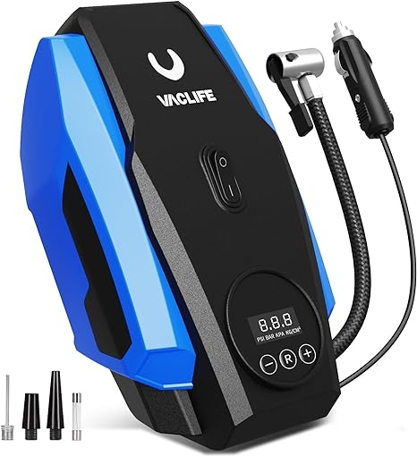 VacLife Tire Inflator Portable Air Compressor - Air Pump for Car Tires - 12V DC Compact Tire Pump with Auto Shutoff Function - Multipurpose Car Accessory with LED Light, Blue