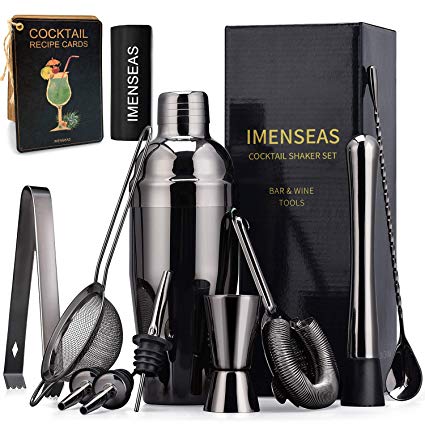 IMENSEAS 12-PCS Black Cocktail Shaker Bar Set, Professional Stainless Steel Bar Accessories tools includes Martini Shaker, Strainers, Measuring Jigger, Liquor Pourers, Mixing Spoon, Muddler, Ice Tongs
