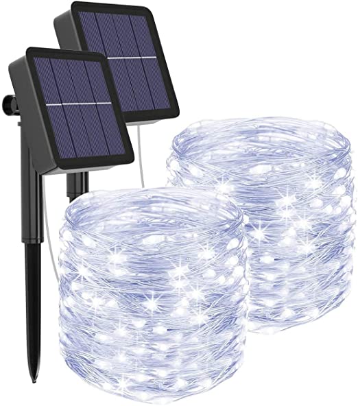 Solar String Lights, 2 Pack 100 LED Solar Fairy Lights 33 Feet 8 Modes Waterproof Solar Christmas Lights Outdoor Waterproof LED String Lights for Indoor Outdoor Patio Yard Trees Christmas Wedding Party Decor Cold White