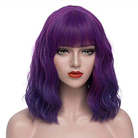 Mersi Purple Wigs for Women Short Wavy Bob Hair Wig with Bangs Costume Wig Blon Cosplay Wigs for Helloween Cosplay Party S040B1