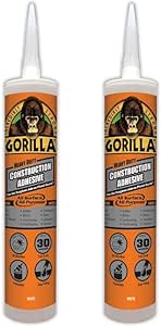 Gorilla Heavy Duty Construction Adhesive, 9 ounce Cartridge, White, (Pack of 2)