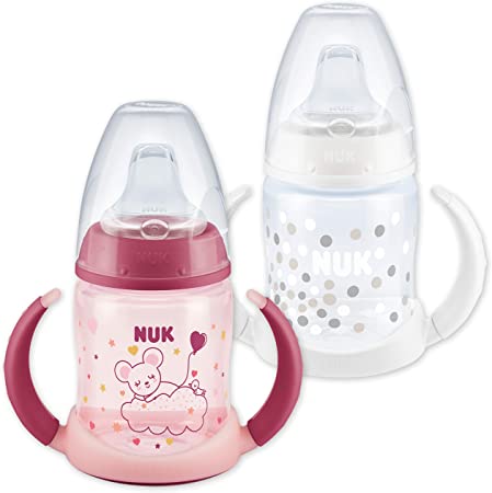 NUK First Choice  Learner Cup Night & Day | Sippy Cup Set | 6-18 Months | Leak-Proof Silicone Spout | Anti-Colic Vent | BPA-Free | 150ml | Pink