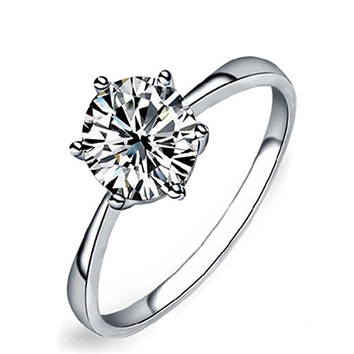 Maikun Womens Platinum-Plated-Cupronickel Classic 6 Prong Sparkling Cubic-Zirconia Solitaire Ring
