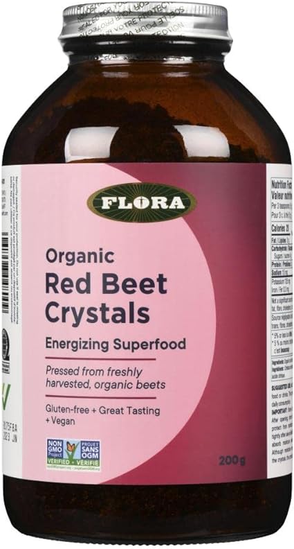 Flora - Organic Red Beet Crystals, Energizing Superfood, Nitric Oxide Booster, Vegan, Equals 2.6 kg. of Red Beets, Pressed from Fresh Harvested Organic Beets, 200 g Powder, Purple