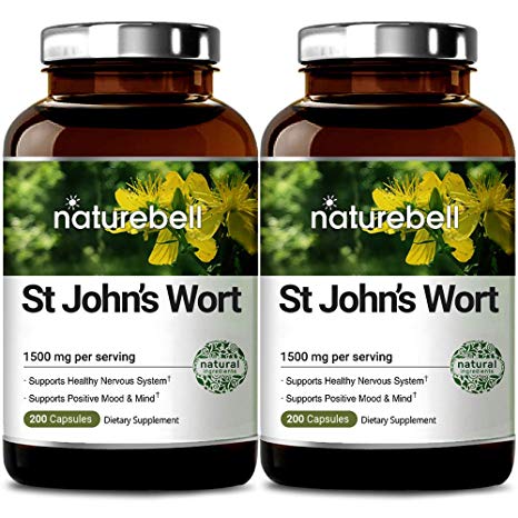 2 Pack NatureBell St John's Wort 1500 mg, 200 Capsules, Powerfully Supports Positive Mood and Mind, Promotes Healthy Nervous System, No GMOs, No Preservatives, Made in USA