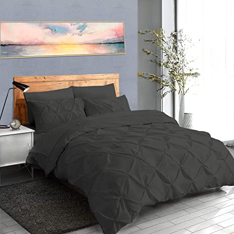 Soft Reliable Luxurious 3Pcs Pinch Pleated Duvet Cover Set Zipper Closer with Corner Ties Full/Queen (90" x 90") Size, 100% Egyptian Cotton 800TC Stain Resistant Dark Grey Solid