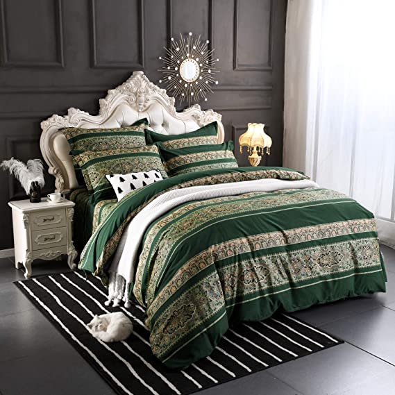 Softta Boho beddding Set King Size 3Pcs Bohemian Vintage Floral Duvet Cover Sets Colorful Stripe Damask Paisley Pattern 100% Brushed Cotton 1 Duvet Cover +2 Pillow Shams Green