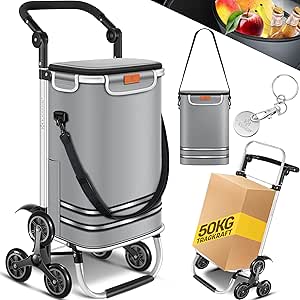 KESSER® Einkaufstrolley Treppensteiger mit Kühlfach klappbar mit 56L Kapazität und belastbar bis 50kg | 3in1 Trolley Sackkarre & Umhängetasche | Faltbarer Einkaufswagen inkl. Einkaufschip, Grau