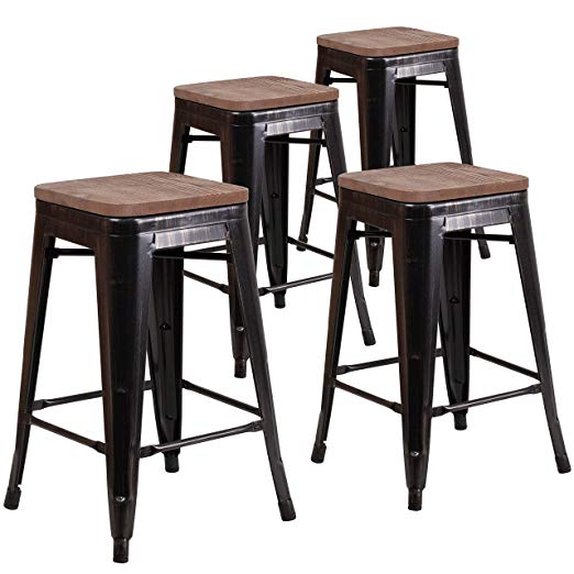 Taylor   Logan 4 Pk. 24" High Backless Black-Antique Gold Metal Counter Height Stool with Square Wood Seat
