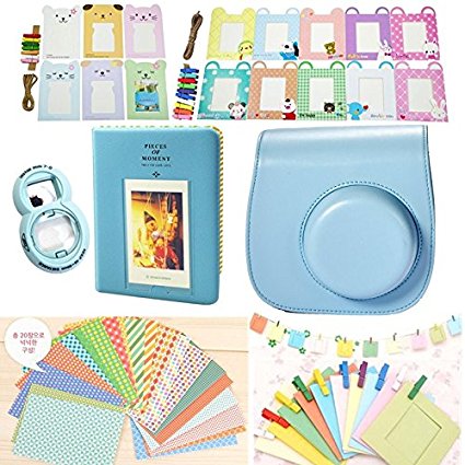 CLOVER Accessory Bundles Set For Fuji Fujifilm Instax Mini 8 Instant Camera (Fujifilm instax mini 8 case bag/ Instax Mini Book Album/ Mini 8 close-up lens(self-portrait mirror)/ decor sticker borders/ colorful wall decor hanging frame) -- Blue