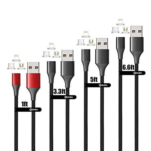 NetDot Gen10 3 in 1 Nylon Braided Magnetic Charging Cable with LED,Fast Charging Magnetic Cable Compatible Micro USB & USB-C Smartphones and i-Product (4 Pack,1ft red,3.3ft/5ft/6.6ft Black)