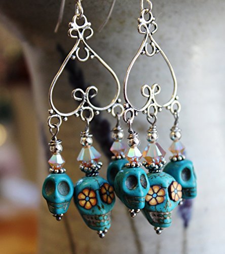 Sugar Skull Chandelier Earrings Turquoise with Flower Eyes Sterling Silver