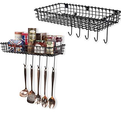 Wall35 Industrial Decor Metal Wire Baskets - Wall Mounted Hanging Kitchen Storage Organizer with Hooks Black Set of 2
