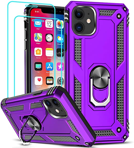 LeYi Compatible for iPhone 11 Case with [2 Pack] Tempered Glass Screen Protector, Military-Grade Armor Phone Cover Case with Ring Magnetic Car Mount Kickstand for iPhone 11 6.1 inch, Purple