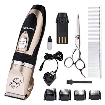 Everesta Low Noise Rechargeable Cordless Pet Dogs and Cats Electric Clippers Grooming Trimming Kit Set (Gold Black)