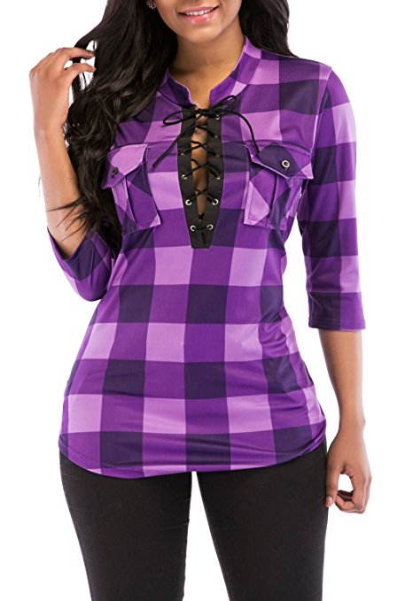 KISSMODA Women's Sexy Long Sleeves Fitted Plaid Shirt Deep V Neck Tie Front Polyester Tops Blouses With Pockets