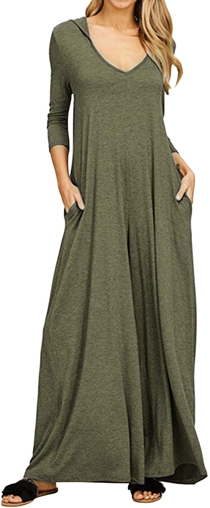 Jacansi Womens V Neck Long/Short Sleeve Maxi Long Hoodie Dresses with Pockets