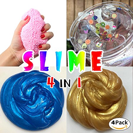 HSETIY Super Slime Kit - 4 Styles Slime（2.5 oz each,total 10oz） with Colorful Foam Balls, fresh fruit decoration,blue and Golden sand Glitter Shake Jars for DIY Slime