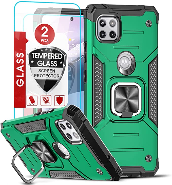 LeYi for Motorola One 5G Ace Case [Not for Moto One 5G], Moto one 5G Ace Case with 2 Tempered Glass Screen Protector, [Military-Grade] Phone Case with Ring Kickstand for Moto One 5G Ace, Green