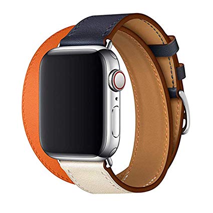 MroTech 40mm 38mm Watch Strap Top Grain Leather Dual Loop Double Tour Band Replacement for Smartwatch Series 4 40 mm and 38 mm Series 3 2 1 Indigo Craie Orange