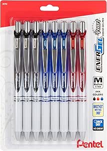 EnerGel Pearl Retractable Liquid Gel Pen, 0.7mm, Medium Line, Black Red and Blue Ink, 8-Pk (BL77WBP8OFC)