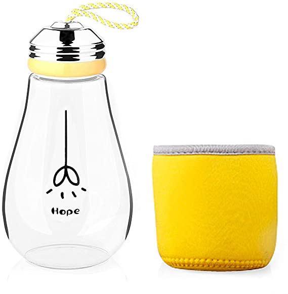 Keemanman Creative Bulb Cup,BPA Free Glass Travel Tea Mug,Cute Water Bottle with Neoprene Sleeve 14 Ounce