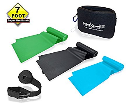SUPER EXERCISE BAND® 7 ft. Latex Free Resistance Bands set of 3. Stretch Bands for Fitness, Physical Therapy and Strength Training. Includes Travel Pouch, Door Anchor & Fitness Band Workout E-book©.
