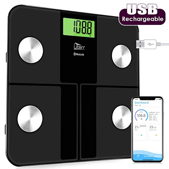 Uten Bluetooth Digital Weight Bathroom Scales, Body Fat Scales with Body Composition Analyzer, Smart app for Body Weight, Body Fat, BMI, etc, 28st/180kg/400lb（Gray-Black）