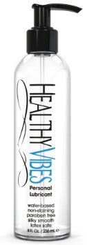 Personal Water-Based Lubricant and Moisturizer by Healthy Vibes - Smooth, Silky and Long Lasting Texture - Won't Stain, Safe to Use with Condoms and Sex Toys - Sugar and Paraben Free, Odorless (8 oz)