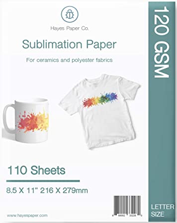 HAYES PAPER CO. Sublimation Paper for Heat pressing onto T-shirts and Ceramic Mugs. Quality, 120 GSM, Letter size, 8.5x11 in. 110 Sheets.