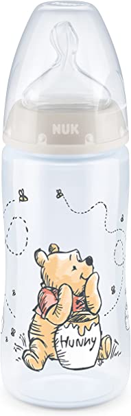 NUK First Choice   Baby Bottle for 0-6 Months, Temperature Control Indicator, 300ml Bottle with Anti-Colic Valve, BPA Free, Disney Winnie the Pooh Silicone Teat