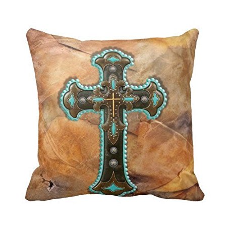 Turquoise And Brown Cross On Leather Print Throw Pillow Case Personalized 18x18 Inch Square Cotton Throw Pillow Case Decor Cushion Covers (picture#6)