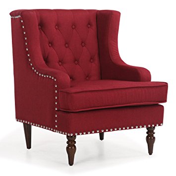 Belleze Stylish Button Tufted with Nailhead Trim Cushioned WingBack Accent Chair Traditional Armrest, Burgundy