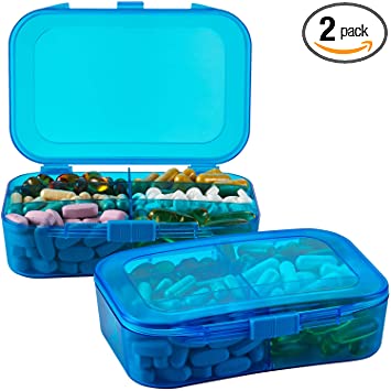 Pill Organizer Case - (Pack of 2) Portable 6 Compartment Daily Travel Medicine Reminder Box for Your Pills, Medications, Supplements, Vitamins and Fish Oils, Blue