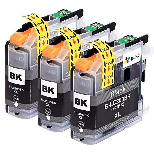K-Ink Compatible Replacement Black Ink Cartridges for Brother LC203 LC 203XL LC201 (3 Black)