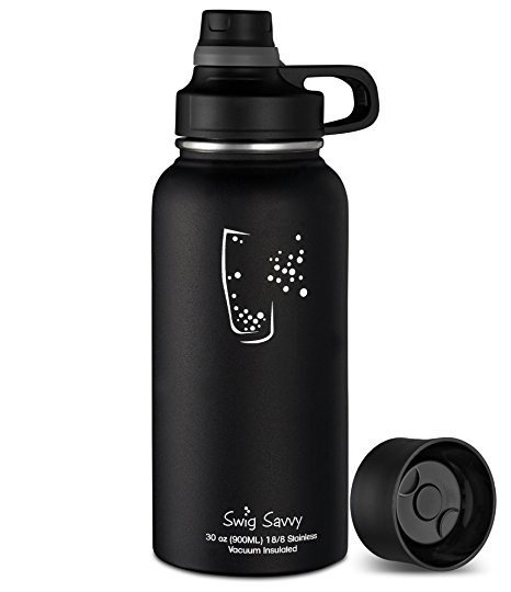 Swig Savvy Bottles 30 Oz Stainless Steel Insulated Water Bottle Wide Mouth BPA Free with Interchangeable Caps Leak-proof Sports cap Great for Gym & Coffee Lid Great for Travel Coffee Mug