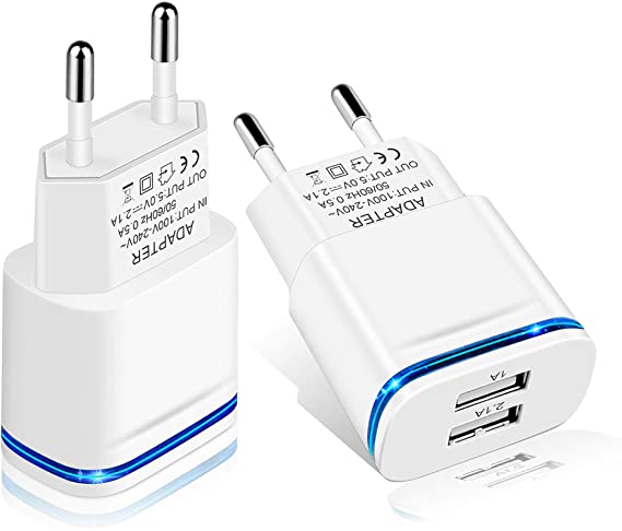 European Plug Adapter, LUOATIP 2-Pack 2.1A/5V Europe Dual USB Wall Charger Travel Power Adaptor Replacement for iPhone Xs Max XR X 8 7 6 6S Plus 5S 5C SE, Samsung Galaxy, Pad, Android, LG, Cell Phone