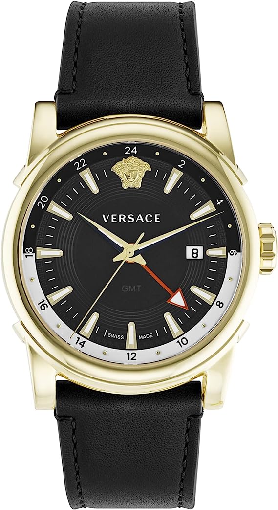 Versace GMT Vintage Collection Luxury Mens Watch Timepiece with a Black Strap Featuring a Gold Case and Black Dial