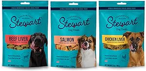 Stewart Freeze Dried Dog Treat Variety, Beef Liver, Salmon, & Chicken Liver, Resealable Pouch, Grain Free & Gluten Free, Single Ingredient Treats; 4 oz Beef Liver, 2.75 oz Salmon, & 3 oz Chicken Liver