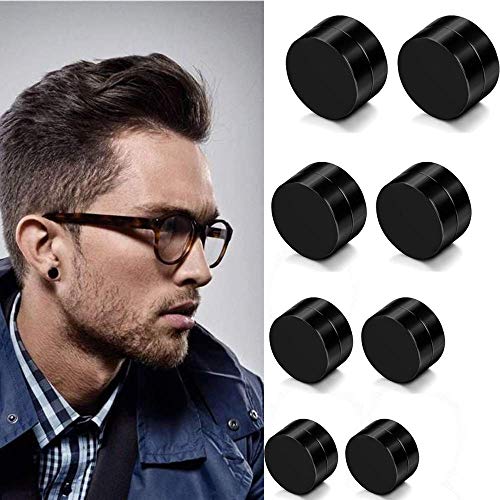 LOLIAS 4 Pairs 6-12mm Black Stainless Steel Magnetic Fake Gauges Earring Studs for Men Women Non Pierced Earrings