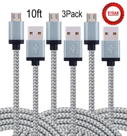 Aplenta Micro USB Cable, 3-Pack 10ft Premium Micro USB Cable High Speed USB 2.0 Sync and Charging Cables for Samsung, HTC, Motorola, Nokia, Android, and More(Gray)