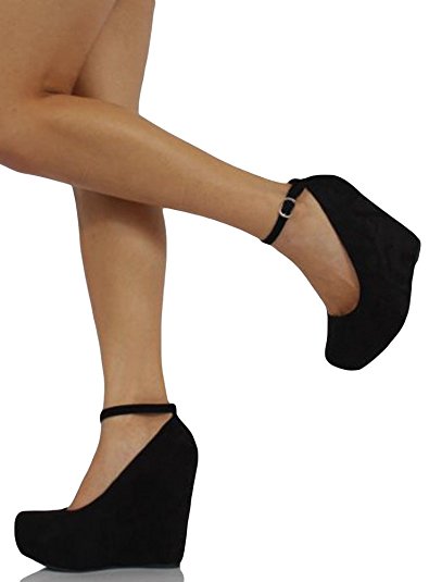 Black Faux Suede Round Toe Ankle Strap Cover Platform Wedge Shoes
