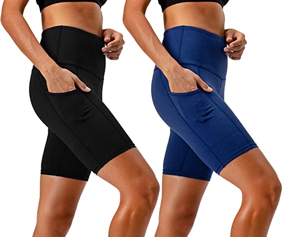 DEVOPS Women's 2-Pack High Waist Workout Yoga Running Exercise Shorts with Side Pockets