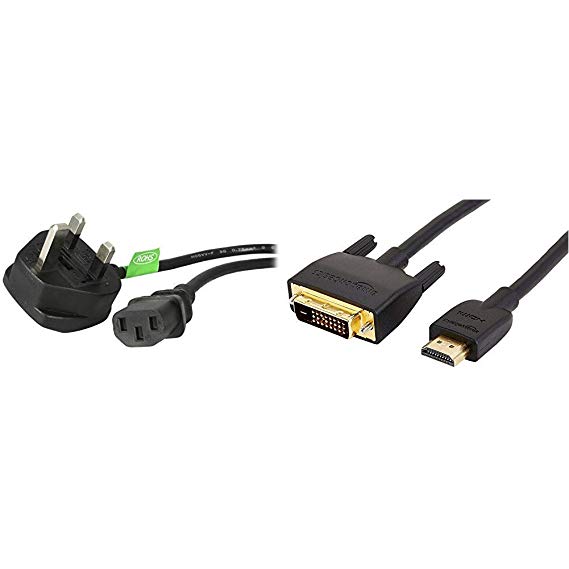 StarTech.com 3 m UK Computer Power Cord, 3 Pin Mains Lead, IEC 320 C13 to BS-1363 UK Plug Mains Power Cable Lead, 3 m UK Power Cord & AmazonBasics HDMI to DVI Adapter Cable (Latest Standard) - 0.9m