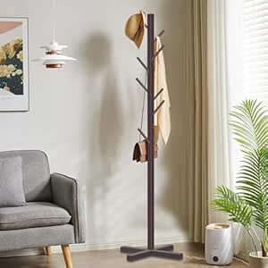 ADA Bamboo Coat Stand with 8 Hooks, Free Standing Tree Shaped Coat Rack With Solid Feet, Hanging Storage Organiser for Entryway Hallway Bedroom, Closet Wardrobe (50x50x165cm), Dark Brown