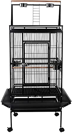 Display4top Black Large Wrought Iron Breeding Bird Cage Flight Cage for Cockatoo ,Red-bellied , Canary With Perch Stand and Wheels (173 x 81 x 77cm)