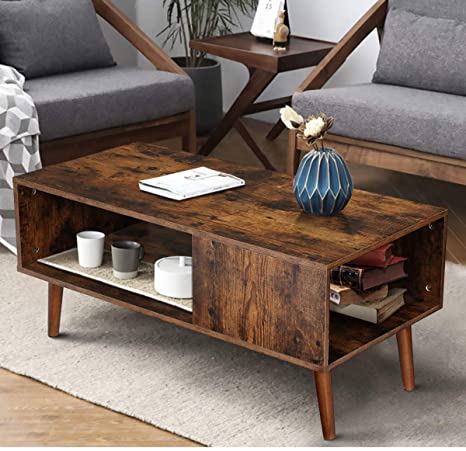 KingSo Retro Coffee Table Mid Century Modern Coffee Table with Storage Shelf for Living Room Vintage Coffee Table Cocktail Table TV Table Sofa Table Easy Assembly Wood Look Furniture, Rustic Brown