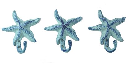 Starfish Wall Hangers Cast Iron Antique Blue - Set of 3 for Coats Aprons Hats Towels Pot Holders More