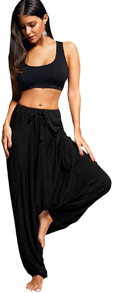 ZEZCLO Women's Drop Bottom Harem Pants Drawstring Elastic Waist Loose Fit Hippie Baggy Yoga Pants