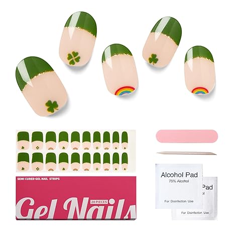 Semi Cured Gel Nail Strips, 20 PCS Gel Nail Stickers Work with UV Light, Gel Nail Wraps, Salon Quality & Easy to Use - Lucky Clover